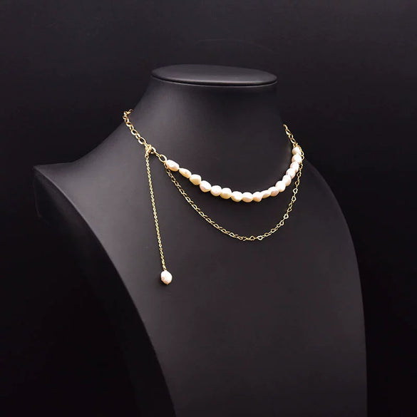 Wholesale Women's Retro Geometric Freshwater Pearl Double Layer Handmade Necklace With Electroplating Design