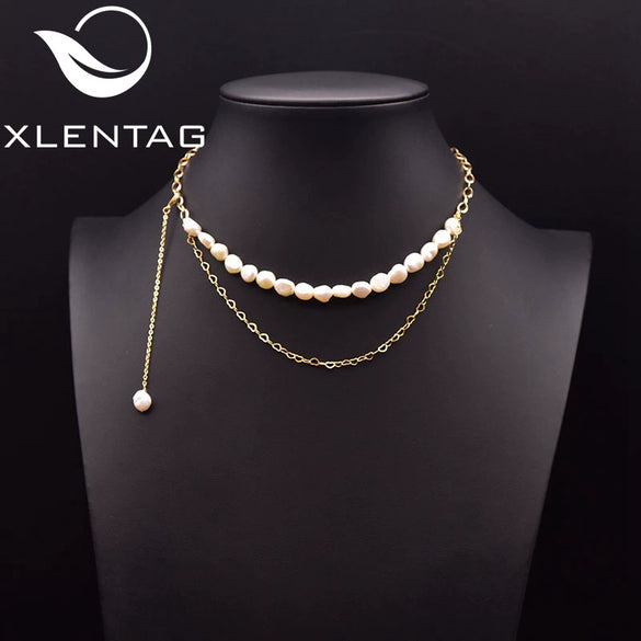 Wholesale Women's Retro Geometric Freshwater Pearl Double Layer Handmade Necklace With Electroplating Design