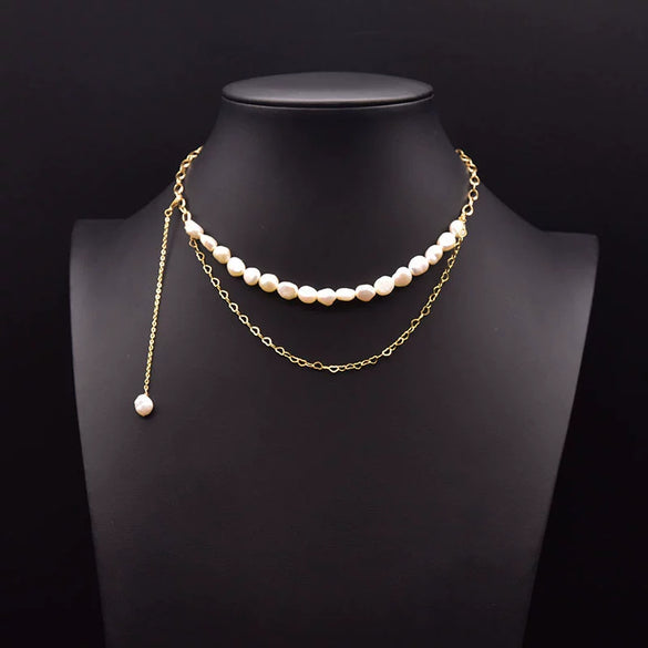 Wholesale Women's Retro Geometric Freshwater Pearl Double Layer Handmade Necklace With Electroplating Design
