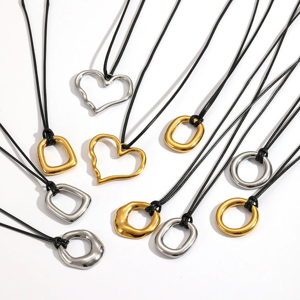 Wholesale Women's Retro Geometric Heartshaped Stainless Steel Wax Rope Chain Pvd Furnace Vacuum Real Gold Plated Pendant Necklace