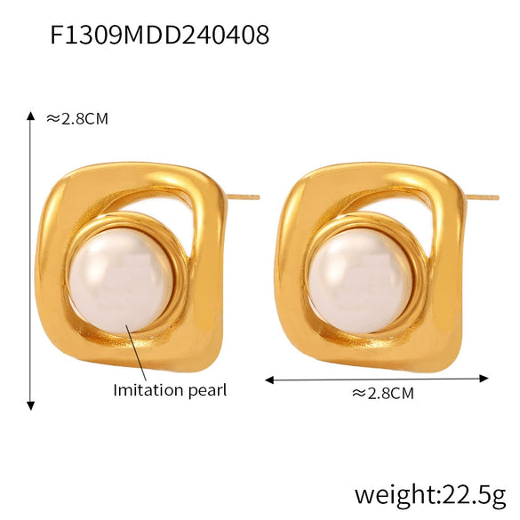 Wholesale Women's Retro Geometric Imitation Pearl Inlaid 316L Stainless Steel Goldplated Earrings