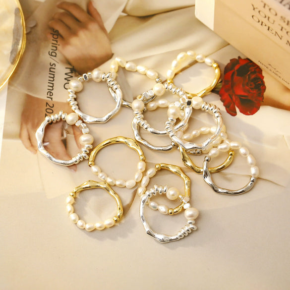 Wholesale Women's Retro Geometric Irregular Hollow Alloy Freshwater Pearl Ring With Electroplating Treatment