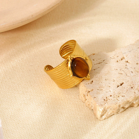 Wholesale Women's Retro Geometric 18K Gold Electroplated Stainless Steel Wide Opening Waterproof Ring