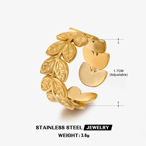 Wholesale Women's Retro Geometric Leaf Stainless Steel Ring With Real Gold Plating