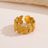 Wholesale Women's Retro Geometric Leaf Stainless Steel Ring With Real Gold Plating