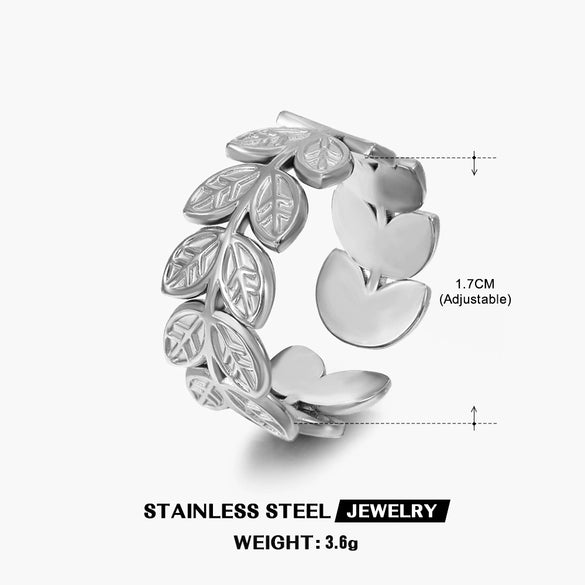 Wholesale Women's Retro Geometric Leaf Stainless Steel Ring With Real Gold Plating