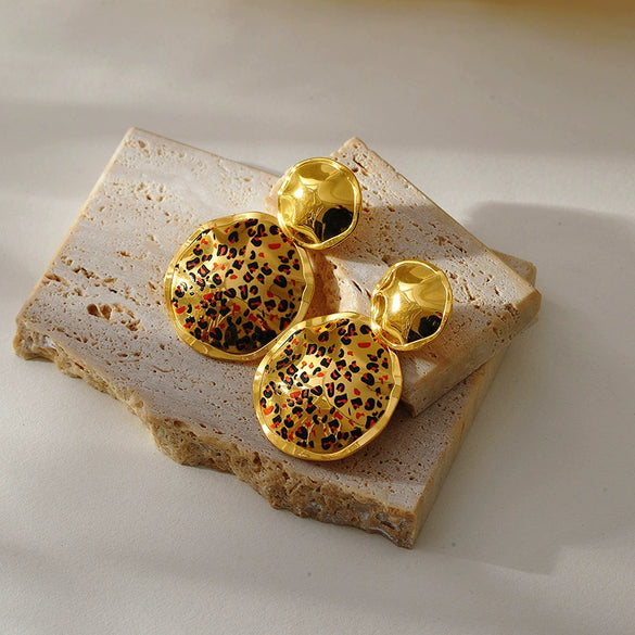 Wholesale Women's Retro Geometric Leopard Stainless Steel 18K Goldplated Earrings