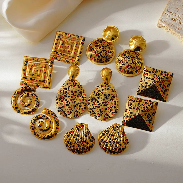 Wholesale Women's Retro Geometric Leopard Stainless Steel 18K Goldplated Earrings