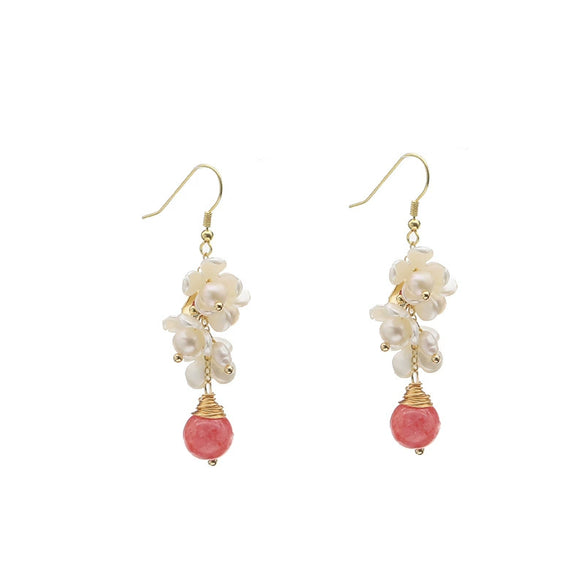 Wholesale Women's Retro Geometric Natural Pearl Electroplated Earrings With Baroque Flower And Watermelon Red Crystal Single Bead Design