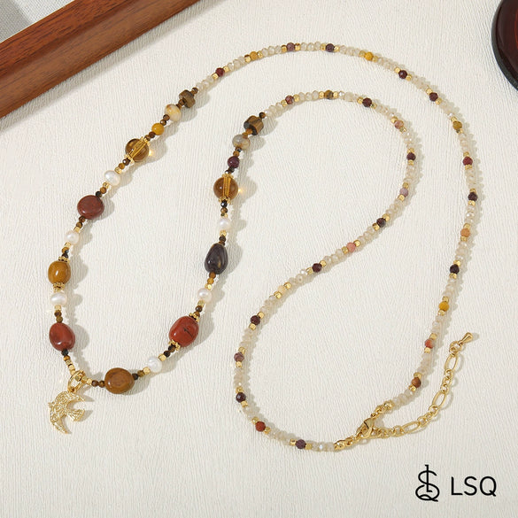 Wholesale Women's Retro Geometric Natural Stone Beaded Stainless Steel And Copper Necklace Handmade