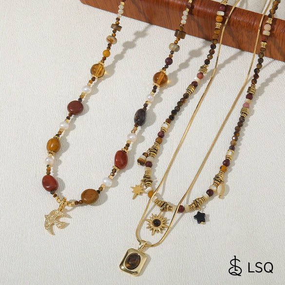 Wholesale Women's Retro Geometric Natural Stone Beaded Stainless Steel And Copper Necklace Handmade