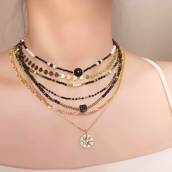 Wholesale Women's Retro Geometric Natural Stone Black Agate Handmade Beaded Necklace And Multilayer Stacked Chain Set