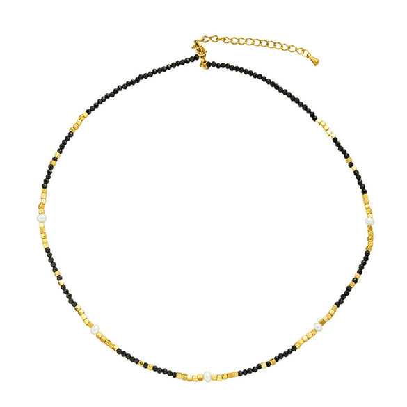 Wholesale Women's Retro Geometric Natural Stone Black Agate Handmade Beaded Necklace And Multilayer Stacked Chain Set