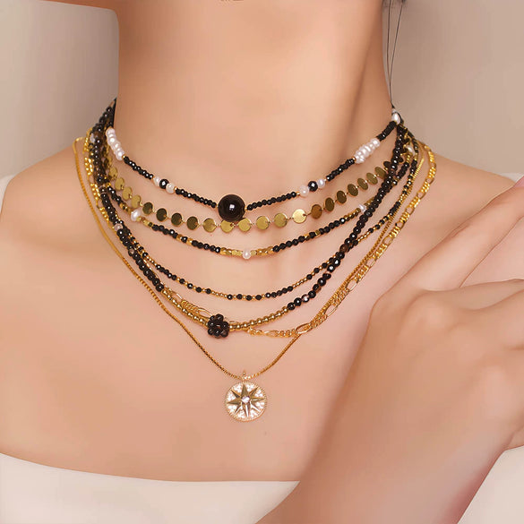 Wholesale Women's Retro Geometric Natural Stone Black Agate Handmade Beaded Necklace And Multilayer Stacked Chain Set