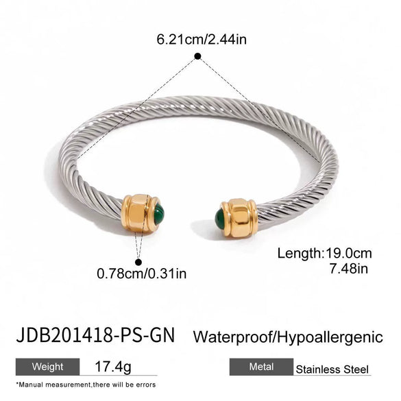 Wholesale Women's Retro Geometric Natural Stone Green Malachite Inlaid Stainless Steel Ribbed Bracelet With Electroplating