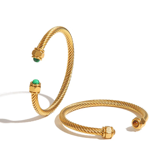 Wholesale Women's Retro Geometric Natural Stone Green Malachite Inlaid Stainless Steel Ribbed Bracelet With Electroplating