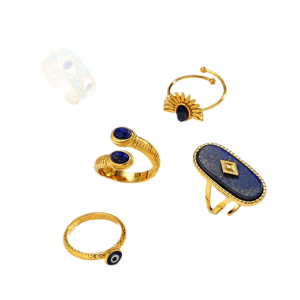 Wholesale Women's Retro Geometric Open Ring Electroplated 18K Gold Lapis Lazuli Titanium Steel Jewelry