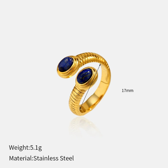 Wholesale Women's Retro Geometric Open Ring Electroplated 18K Gold Lapis Lazuli Titanium Steel Jewelry