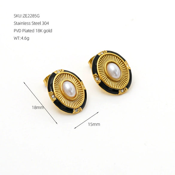 Wholesale Women's Retro Geometric Oval Stainless Steel Earrings With Black Enamel Sun Pattern And Gold Plating