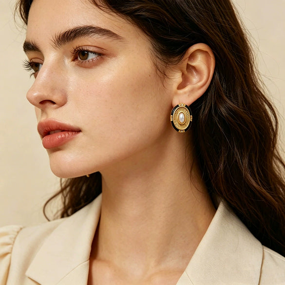 Wholesale Women's Retro Geometric Oval Stainless Steel Earrings With Black Enamel Sun Pattern And Gold Plating
