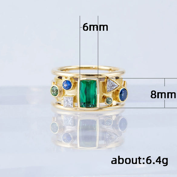 Wholesale Women's Retro Geometric Pattern Copper Ring Inlaid With Green Zircon