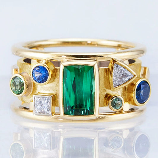 Wholesale Women's Retro Geometric Pattern Copper Ring Inlaid With Green Zircon