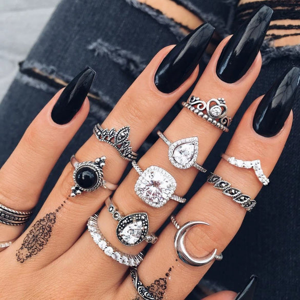 Wholesale Women's Retro Geometric Ring Set Alloy Inlaid With Artificial Gemstones And Semiprecious Stones In Crown And Moon Patterns With Electroplating Treatment