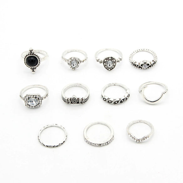 Wholesale Women's Retro Geometric Ring Set Alloy Inlaid With Artificial Gemstones And Semiprecious Stones In Crown And Moon Patterns With Electroplating Treatment