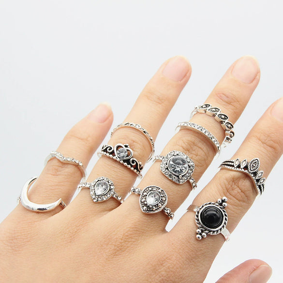 Wholesale Women's Retro Geometric Ring Set Alloy Inlaid With Artificial Gemstones And Semiprecious Stones In Crown And Moon Patterns With Electroplating Treatment