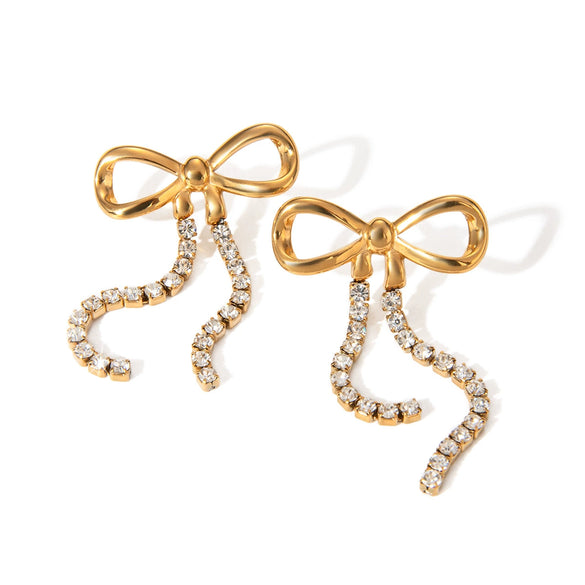 Wholesale Women's Retro Geometric Stainless Steel Bow Hanging Diamondencrusted Chain Earrings With Vacuum Electroplating