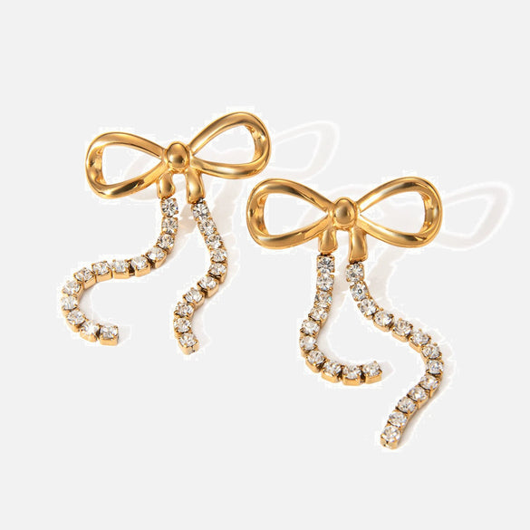 Wholesale Women's Retro Geometric Stainless Steel Bow Hanging Diamondencrusted Chain Earrings With Vacuum Electroplating