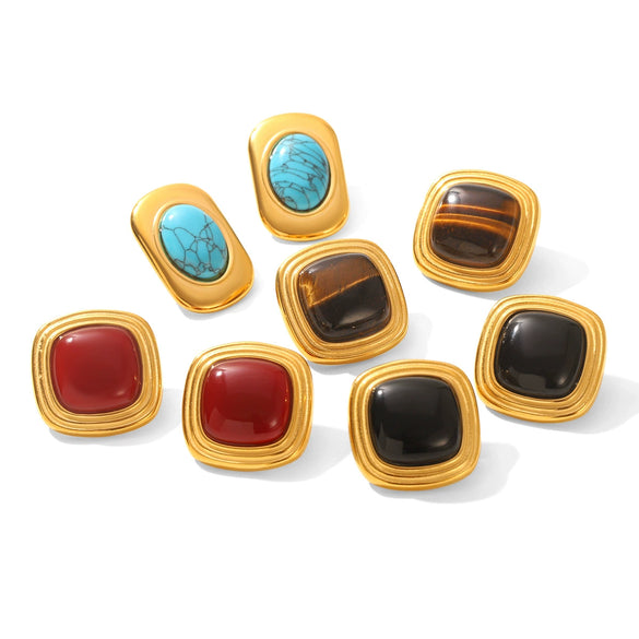 Wholesale Women's Retro Geometric Stainless Steel Electroplated Tiger Eye Stone Turquoise Earrings