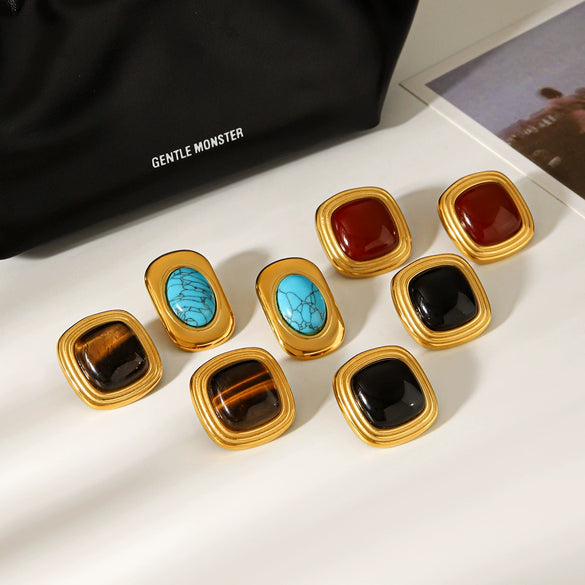 Wholesale Women's Retro Geometric Stainless Steel Electroplated Tiger Eye Stone Turquoise Earrings