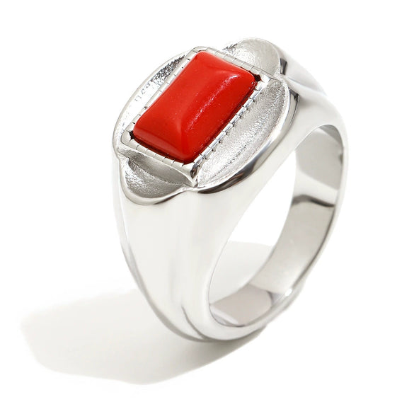Wholesale Women's Retro Geometric Stainless Steel 18K Gold Plated Red Stone Ring Light Luxury Style