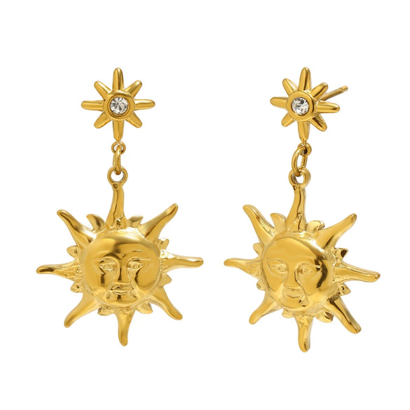 Wholesale Women's Retro Geometric Stainless Steel 18K Goldplated Earrings With Eightpointed Star Sun Emoji Pendant
