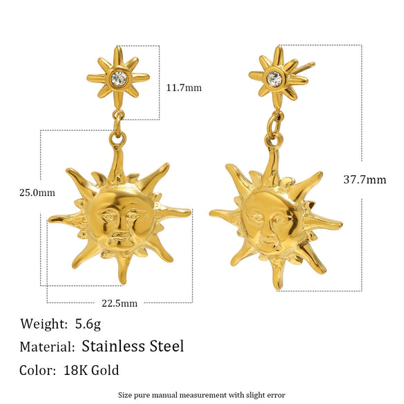 Wholesale Women's Retro Geometric Stainless Steel 18K Goldplated Earrings With Eightpointed Star Sun Emoji Pendant