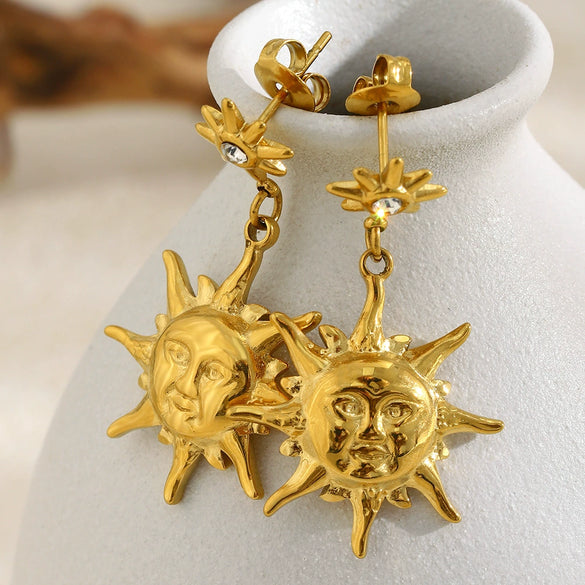 Wholesale Women's Retro Geometric Stainless Steel 18K Goldplated Earrings With Eightpointed Star Sun Emoji Pendant
