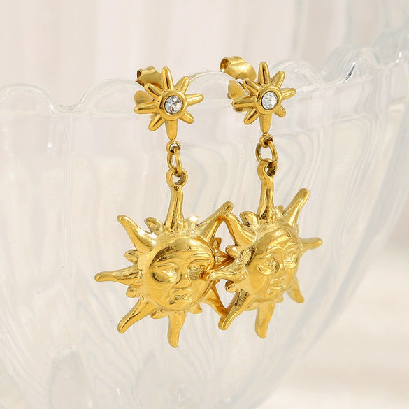 Wholesale Women's Retro Geometric Stainless Steel 18K Goldplated Earrings With Eightpointed Star Sun Emoji Pendant