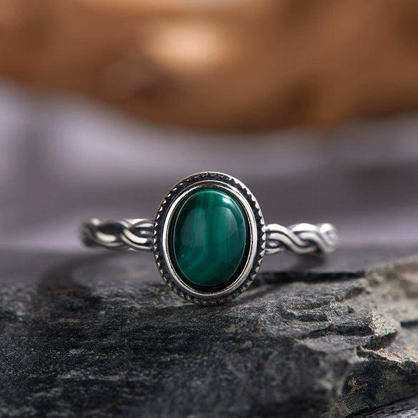 Wholesale Women's Retro Geometric 925 Sterling Silver Natural Malachite Set With Gemstones Ring