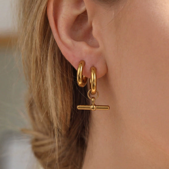 Wholesale Women's Retro Geometric T Shaped Stainless Steel Earrings With Gold Tone Electroplating