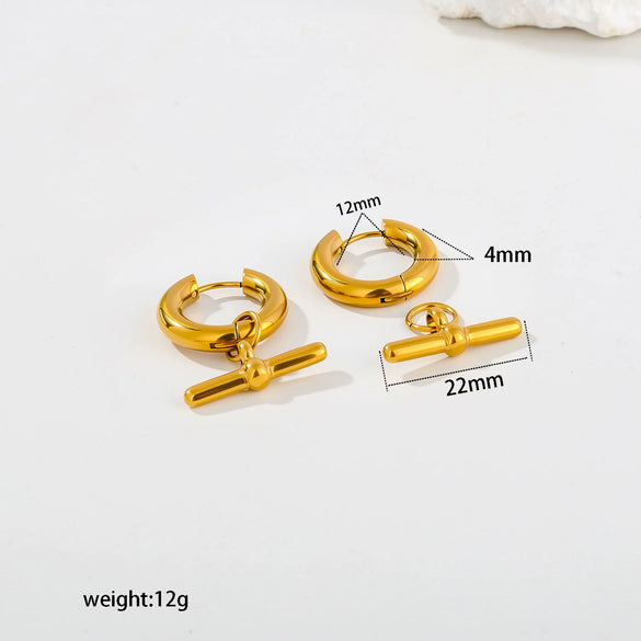 Wholesale Women's Retro Geometric T Shaped Stainless Steel Earrings With Gold Tone Electroplating