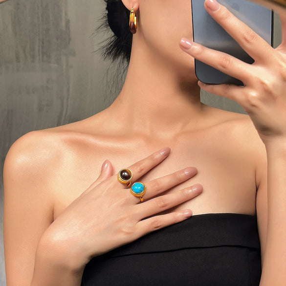 Wholesale Women's Retro Geometric Tiger Eye Stone Inlaid 316L Stainless Steel Opening Ring With Electroplating