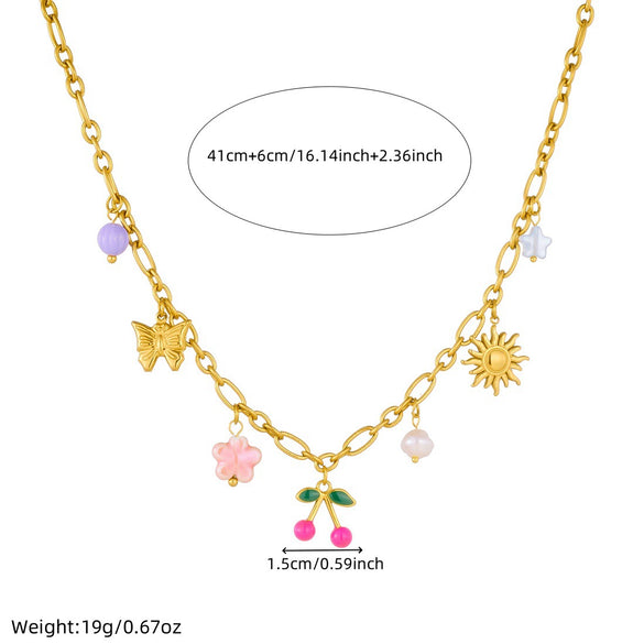 Wholesale Women's Retro Goldplated Stainless Steel Fruitshaped Sun Butterfly Pendant Necklace With O Word Chain