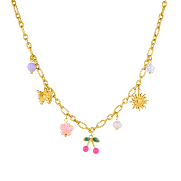 Wholesale Women's Retro Goldplated Stainless Steel Fruitshaped Sun Butterfly Pendant Necklace With O Word Chain
