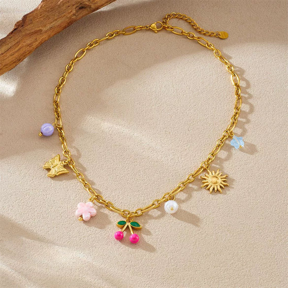 Wholesale Women's Retro Goldplated Stainless Steel Fruitshaped Sun Butterfly Pendant Necklace With O Word Chain