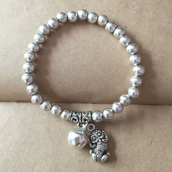 Wholesale Women's Retro Handmade Silver Beaded Bracelet With Animals Zodiac Pattern And Elastic Rope