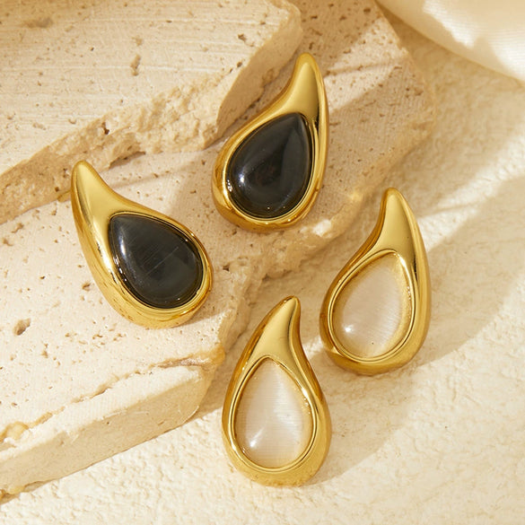 Wholesale Women's Retro Highend Dropshaped Titanium Steel Earrings Inlaid With Color Natural Stone And Electroplated