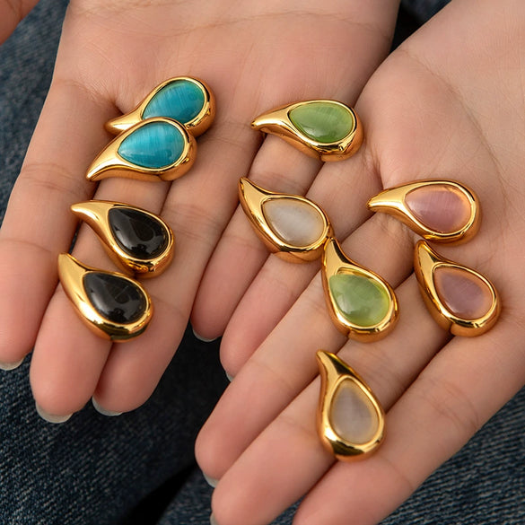 Wholesale Women's Retro Highend Dropshaped Titanium Steel Earrings Inlaid With Color Natural Stone And Electroplated