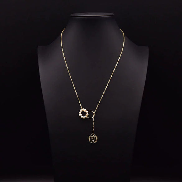 Wholesale Women's Retro Highend Freshwater Pearl Geometric Style Necklace With Electroplating And Regular Chain
