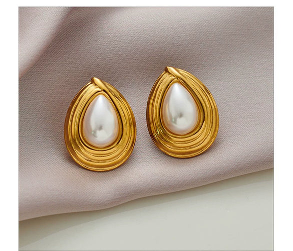 Wholesale Women's Retro Highend Natural Stone Pearl Drop Shape Stainless Steel Electroplating Earrings Jewelry Accessories